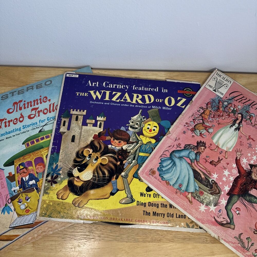 Children’s Vinyl Record Lot Wizard of Oz, Grimms Fairy Tales, Minnie Trolley